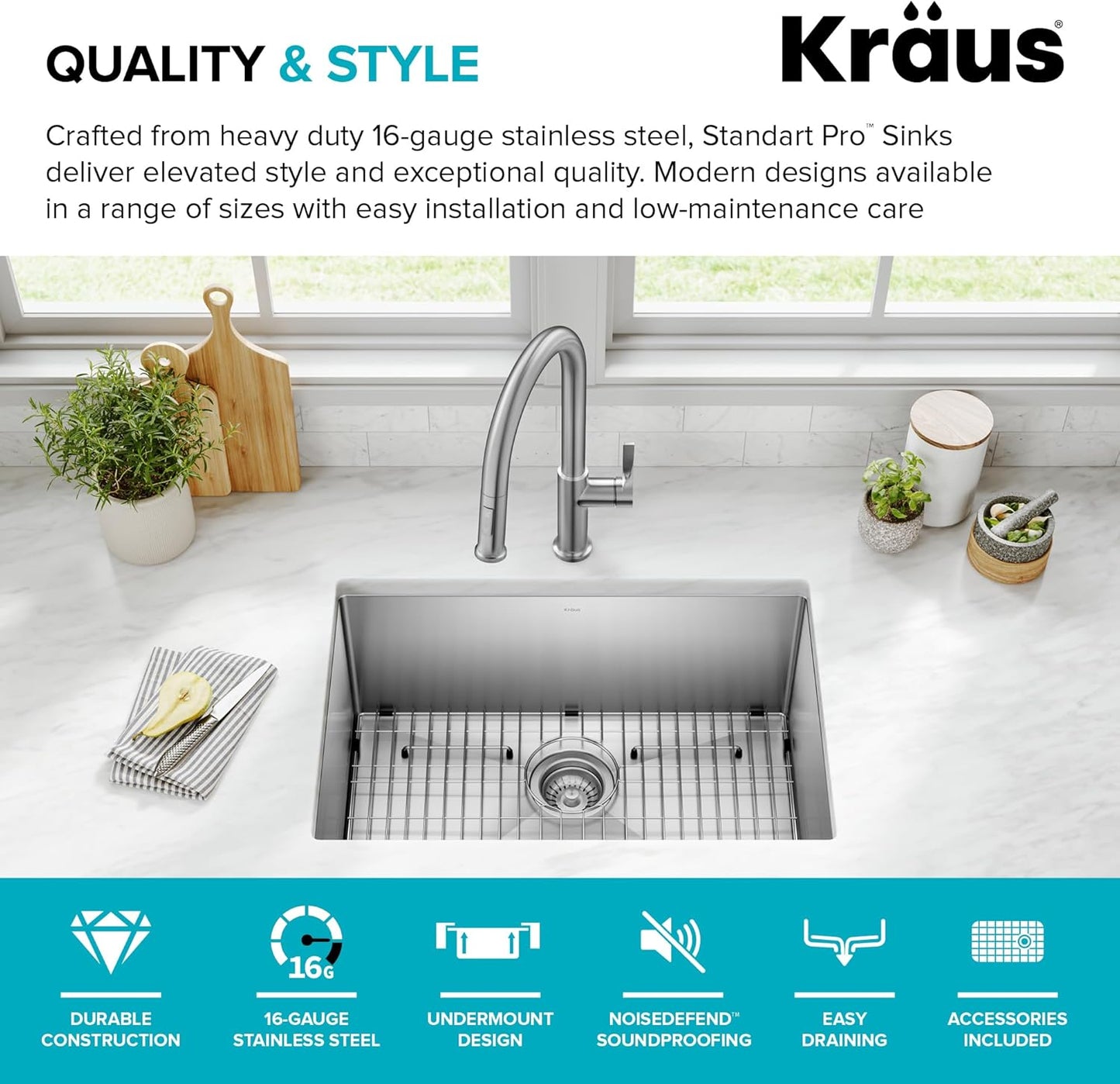 KRAUS Standart PRO 26-Inch 16 Gauge Undermount Single Bowl Stainless Steel Kitchen Sink, KHU100-26