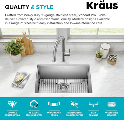 KRAUS Standart PRO 26-Inch 16 Gauge Undermount Single Bowl Stainless Steel Kitchen Sink, KHU100-26