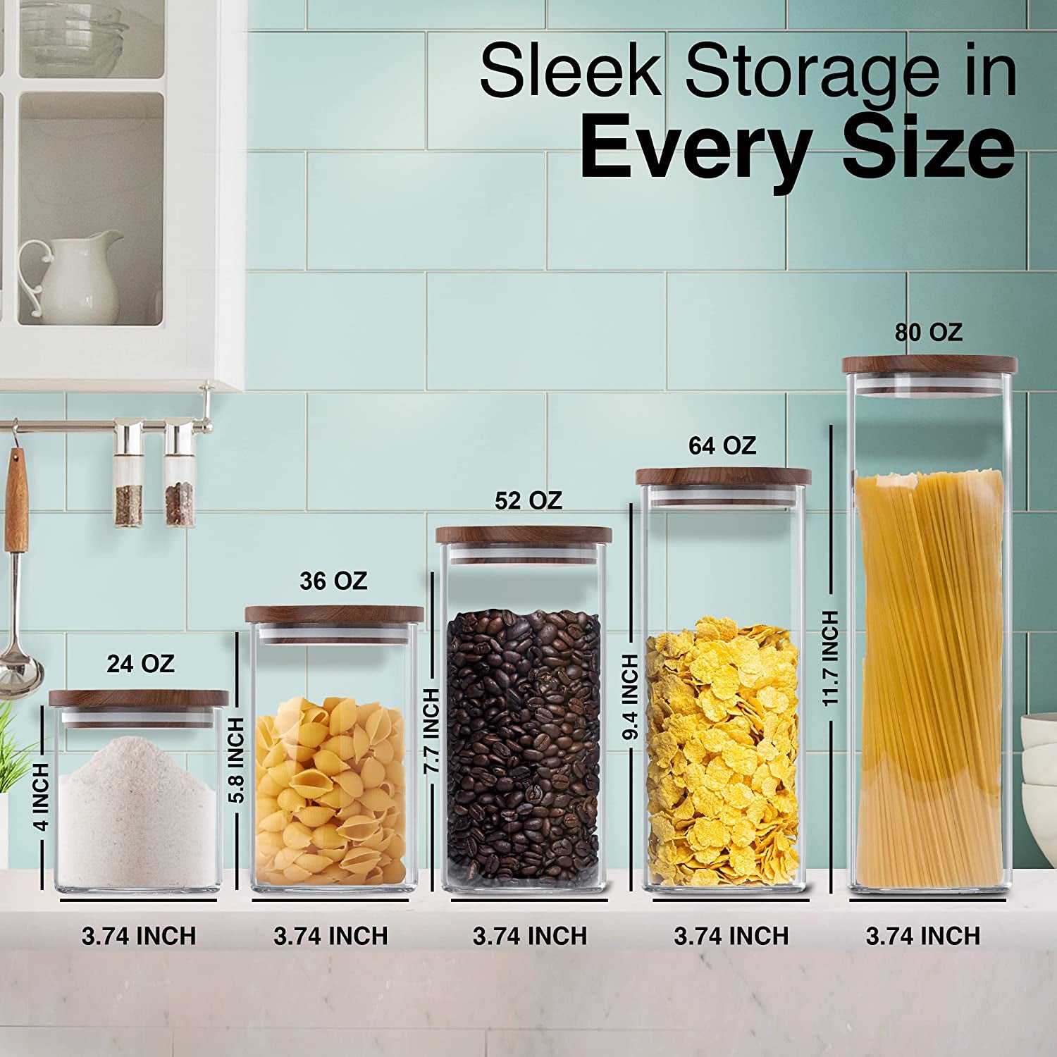 Square Glass Jars with Wood Lids Set of (2) 80 Fl Oz Airtight and Stackable Storage Containers for Kitchen Pantry or Bathroom BPA Free and Recyclable Canister for Food Cookies Coffee Pasta Sugar